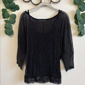Vintage Y2K Sheer Sparkly Black Lace Trim Top💕
